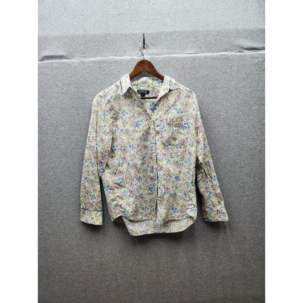 Lands End Womens Floral Button-Up Shirt S Cotton/Linen Blend